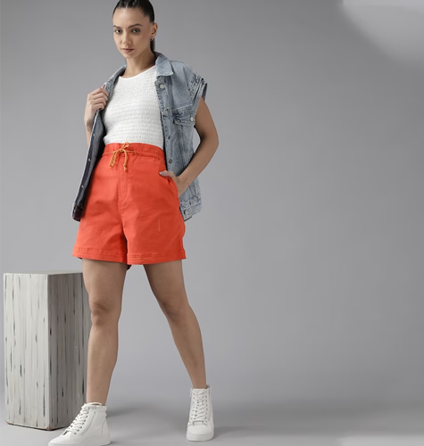 Women Coral Orange Denim Pure Cotton Shorts